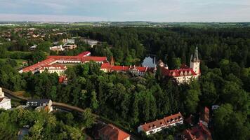 Aerial far view of Pruhonice chateau with pond and park in May 2025 in Czechia video