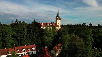 Aerial ascending view of Pruhonice chateau with park may 2025 czechia pond and park in Czechia in May 2025 video