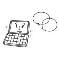 a drawing of a laptop cartoon with speech bubbles around it vector