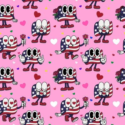 Patriotic American Flag USA retro cartoon character mascot 4th of July heart love pink seamless pattern