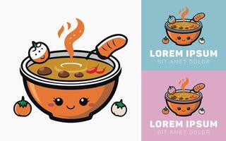 Cute Bowl of Curry with Chili Peppers and Happy Expression vector
