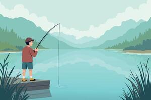 A man is fishing on a dock in the middle of a lake vector