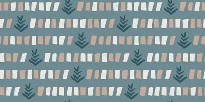 Seamless abstract pattern with hand-painted brush strokes and botanical leaves in beige and white on muted blue background, artistic minimalistic digital design for textile, wallpaper decor horizontal vector