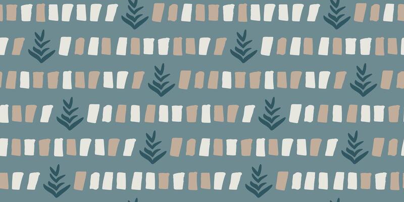 Seamless abstract pattern with hand-painted brush strokes and botanical leaves in beige and white on muted blue background, artistic minimalistic digital design for textile, wallpaper decor horizontal