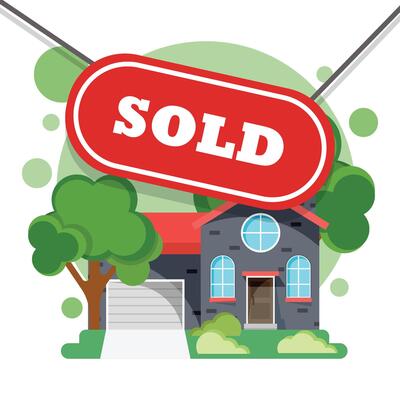 A sold sign hanging from a tree with a house and trees