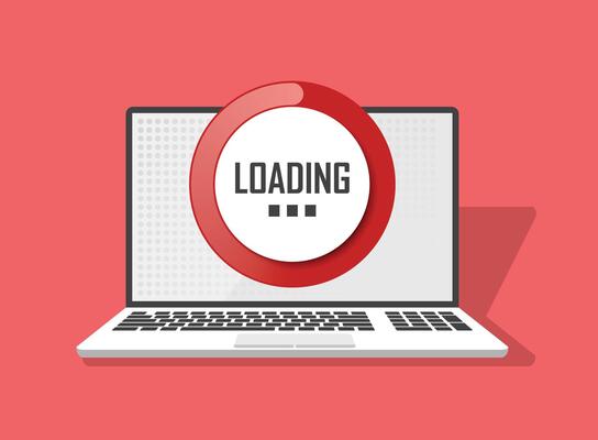 Loading icon on laptop screen with red background