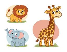 Adorable Jungle Animal Characters Collection Including Happy Lion, Playful Elephant and Tall Giraffe in Child-Friendly Cartoon Style vector