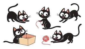 Funny Black Cat Cartoon Characters in Multiple Poses with Toys and Box for Creative Pet Illustrations and Digital Art vector