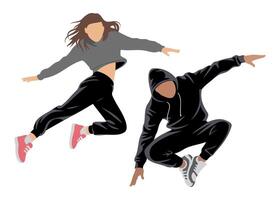 Hip Hop Dance Couple Performing Jump Moves in Coordinated Urban Style Apparel Ideal for Pop Culture and Dance-Themed Graphics vector