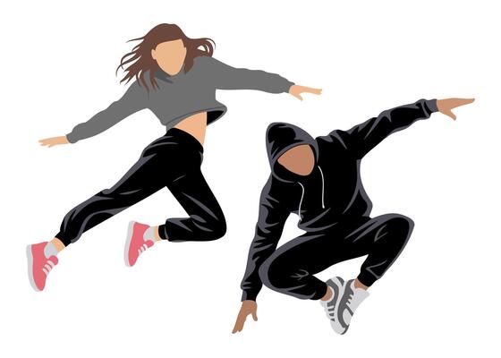 Hip Hop Dance Couple Performing Jump Moves in Coordinated Urban Style Apparel Ideal for Pop Culture and Dance-Themed Graphics