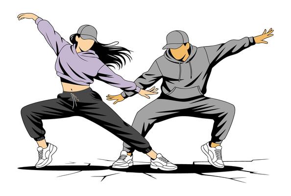 Modern street dance illustration with man and woman in motion, expressive hip hop art style showcasing urban rhythm and style