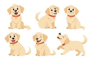 Cute and funny puppy character set featuring cheerful golden dogs with big eyes, wagging tails, and red collars vector
