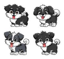 Set of expressive cartoon puppies with fluffy fur and curly tails for children illustration or design use vector