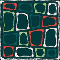 Abstract hand drawn square pattern in red, green, white brush strokes on dark background vector