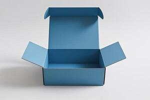 open blue box front view white backdrop photo