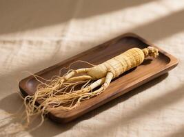 Ginseng roots on a wooden plate photo