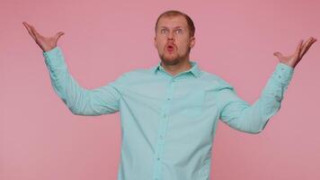 Excited amazed man showing head explosion, looking worried shocked surprised guy, wow idea, eureka video