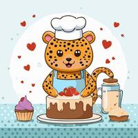 Cute Leopard baking a cake vector