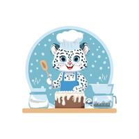 Cute Snow Leopard baking a cake vector