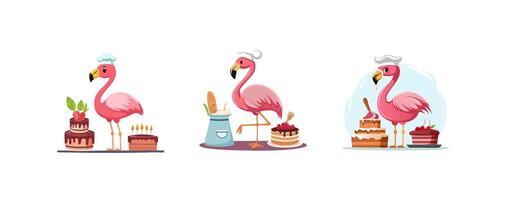 Cute Flamingo baking a cake vector