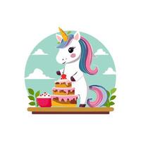 Cute Unicorn baking a cake vector