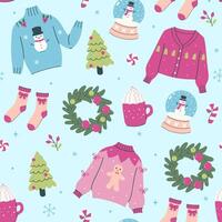 Seamless Christmas pattern with ugly sweaters and other items. graphics. vector