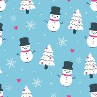 Simple seamless pattern with cute snowmen and fir trees. graphics. vector
