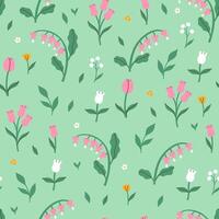 Simple seamless pattern with pink flowers on a light green background. graphics. vector