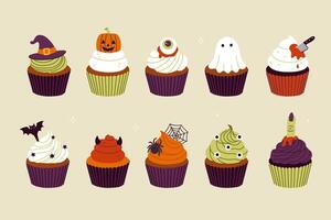 Set of different cupcakes in Halloween style. graphics. vector