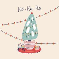 Christmas decorated with Christmas trees in a basket with garlands on a mat vector