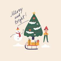 Christmas tree is decorated with ornaments of snowman and elf vector