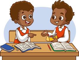 Two kids classmates sitting at desk in classroom and chatting vector