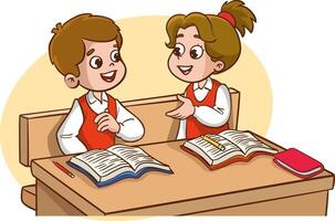 Two child classmates sitting together at desk chatting in classroom flat illustration isolated on white vector