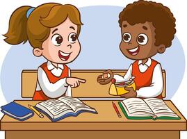 children classmates sitting at desk in classroom and chatting, Various students sitting at desk with school supplies and backpacks vector
