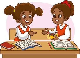 Two children classmates sitting at desk in classroom and chatting vector