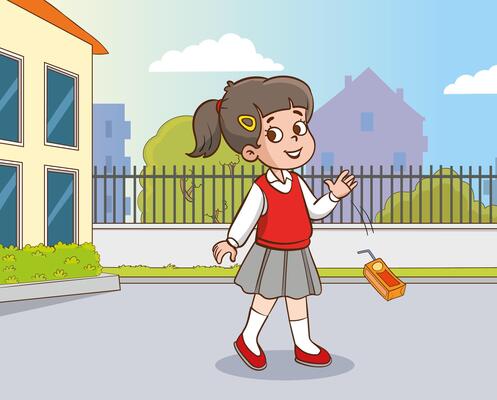 Girl student throwing her trash on the ground.Child polluting the environment