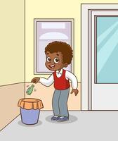 cute student throwing garbage into trash can vector