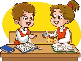 Two children classmates sitting at desk in classroom and chatting, Various students sitting at desk with school supplies and backpacks vector