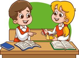kids classmates sitting at desk in classroom and chatting, Various students sitting at desk with school supplies and backpacks vector