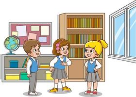 illustration of cute group of students talking and discussing in classroom vector