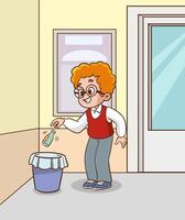 little student throwing garbage into trash can. illustration vector