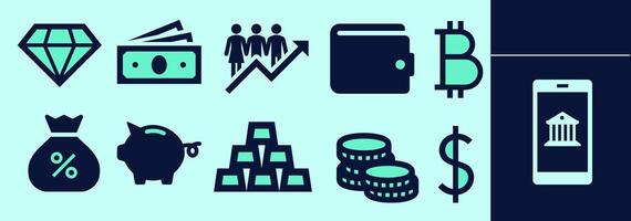 Finance icon set with wallet, bitcoin and dollar sign, coins, gold bars, piggy bank, banknotes, financial growth chart, financial phone app. Editable icon elements, size and color. vector