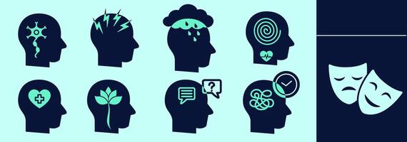 Mental health icon set with neural cognition, headache, depression, anxiety, mental support, meditation calm, stress, under pressure, counselling. Editable icon elements, size and color. vector