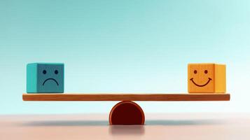Balancing emotions shown with happy and sad blocks on a Balance Scale, symbolizing Mental health management and emotional control photo