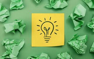 Idea, Innovation and Creativity Concept. a Light Bulb Handdrawn on Sticky Note, New Business photo