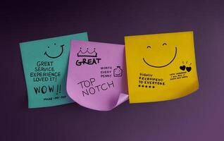 Customer feedback notes with smiley faces and handwritten compliments reflect positive reviews and satisfaction in service experience. photo