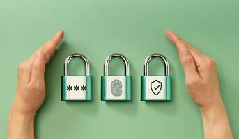 Cybersecurity Conceptual image. Hands securing padlocks representing password, fingerprint, and shield for digital authentication and multi-layered security photo