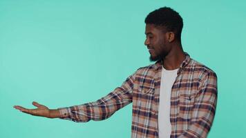 Man pointing empty place, advertising area for commercial text, copy space for goods promotion video