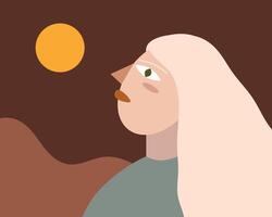 Minimalist illustration featuring an abstract portrait with geometric shapes and a circular sun. The image captures simplicity with a neutral color palette and bold design elements. vector