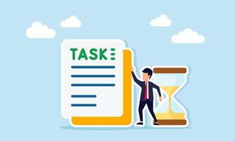 Businessman between hourglass and document labeled TASK illustration of business task deadline management and time pressure vector